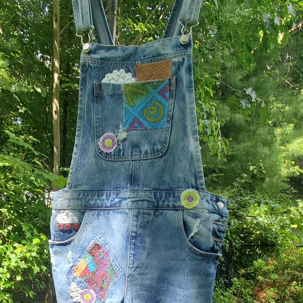 Refashioned Upcycled Patched and Distressed Boho‎ Overalls Handmade SzMed - Picture 12 of 13
